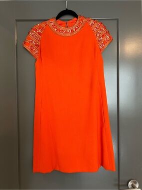 Vintage Malcolm Starr Orange Beaded Mod Cocktail Dress Small “Palme Royale”